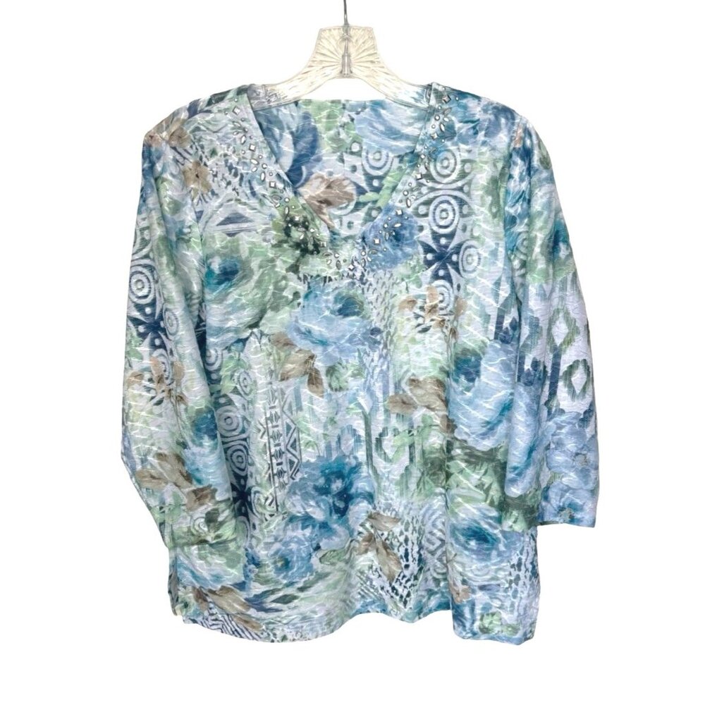 A05 Alfred Dunner 3/4 Sleeve Top Blue Print Embellished V-Neck